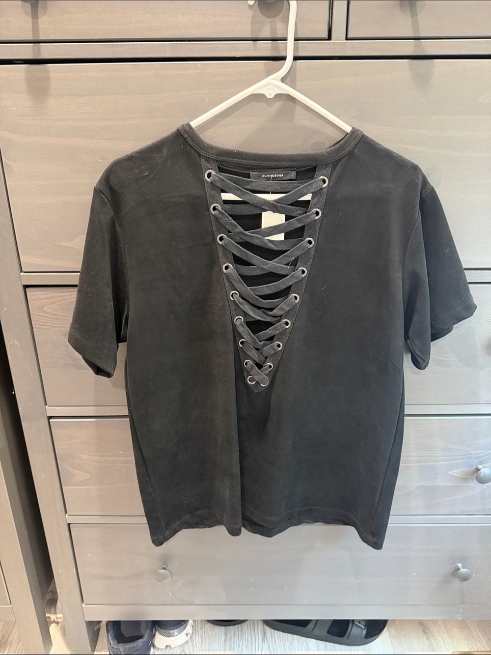 Olivaceous Black Lace-Up V-Neck Short Sleeve Tee